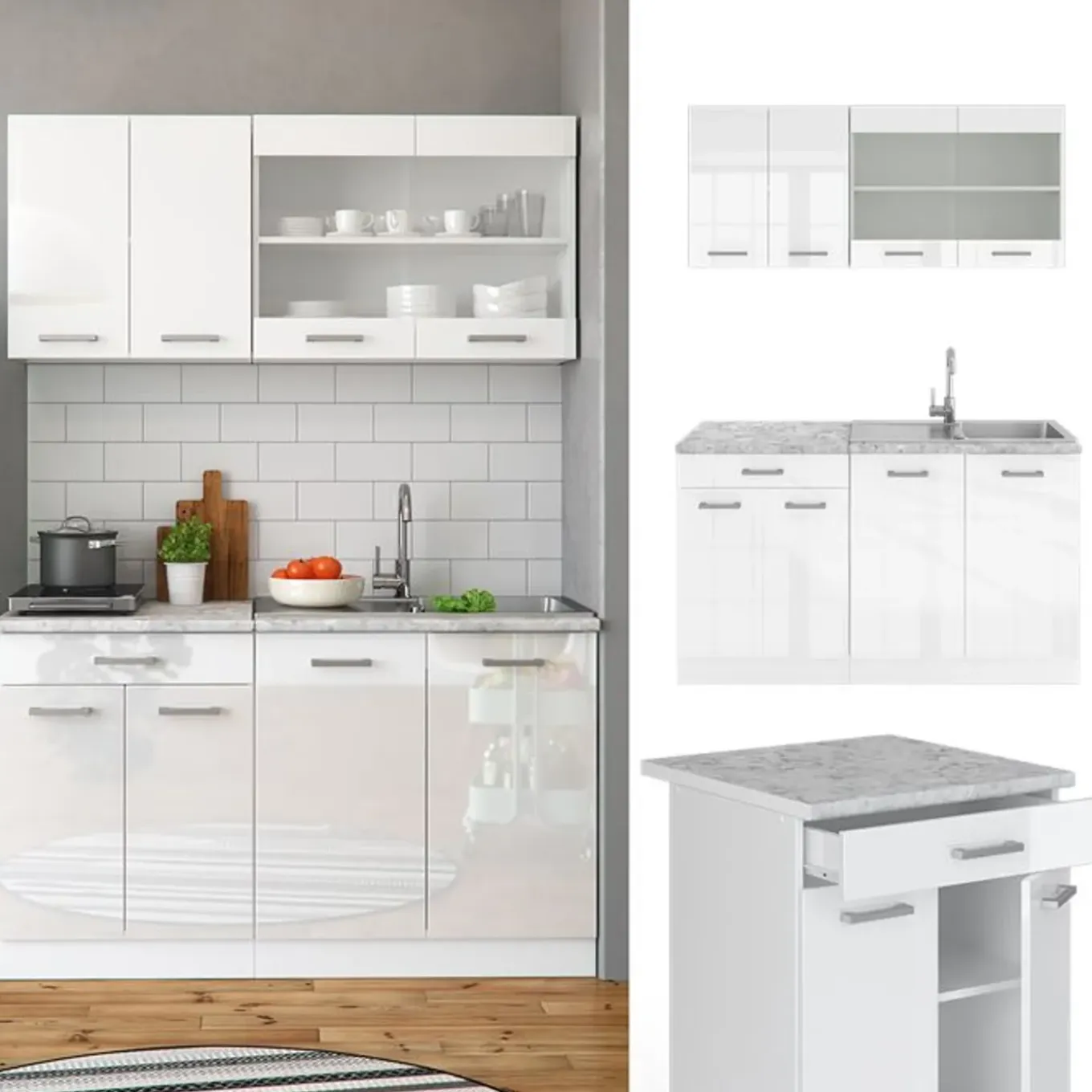 Vicco - Keuken R-line - Hoogglans Wit - Werkblad Marmer - 140 X 81,6 X 60 Cm