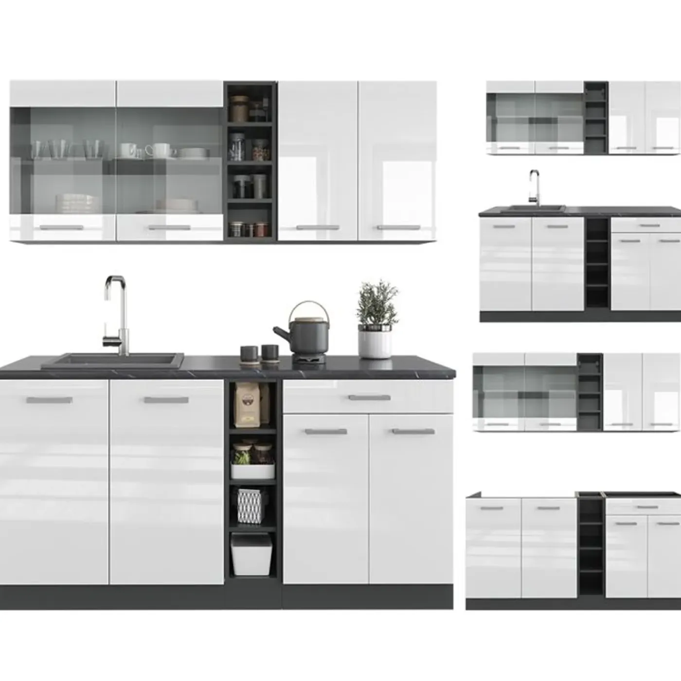 VICCO - Keuken R-line - Hoogglans Wit - Antracietkleurige Strook - 160 X 46 X 81,6 Cm