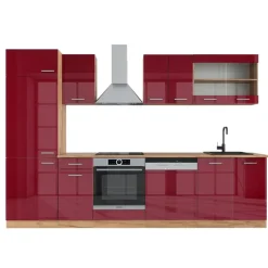 Vicco - Modulaire Complete Keuken - R-line - Hoogglans Rood Eiken Goudkleurig - 300 Cm