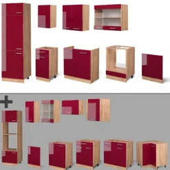 Vicco - Modulaire Complete Keuken - R-line - Hoogglans Rood Eiken Goudkleurig - 300 Cm