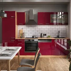 Vicco - Modulaire Complete Keuken - R-line - Hoogglans Rood Eiken Goudkleurig - 300 Cm