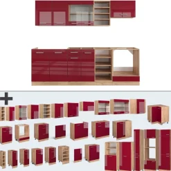 Vicco - Modulaire Complete Keuken - R-line - Hoogglans Rood Gouden Eik - 240 Cm