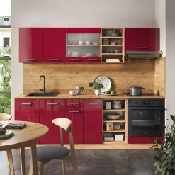 Vicco - Modulaire Complete Keuken - R-line - Hoogglans Rood Gouden Eik - 240 Cm