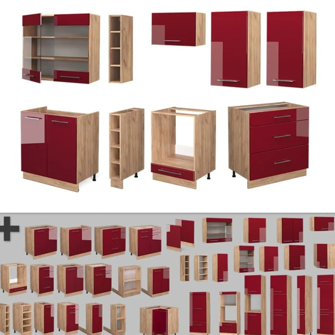 VICCO - Modulaire Complete Keuken - Fame-line - Glanzend Bordeaux Eiken Goudkleurig - 235 Cm