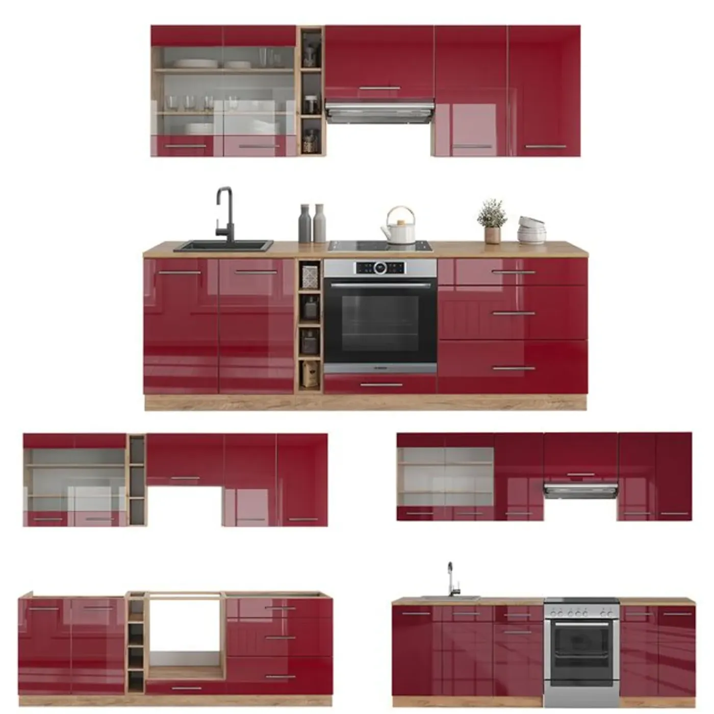 VICCO - Modulaire Complete Keuken - Fame-line - Glanzend Bordeaux Eiken Goudkleurig - 235 Cm