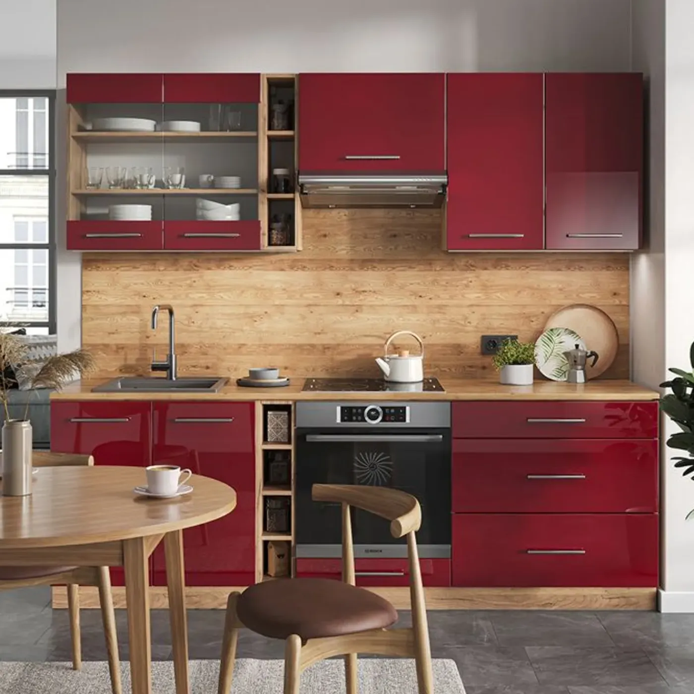 VICCO - Modulaire Complete Keuken - Fame-line - Glanzend Bordeaux Eiken Goudkleurig - 235 Cm