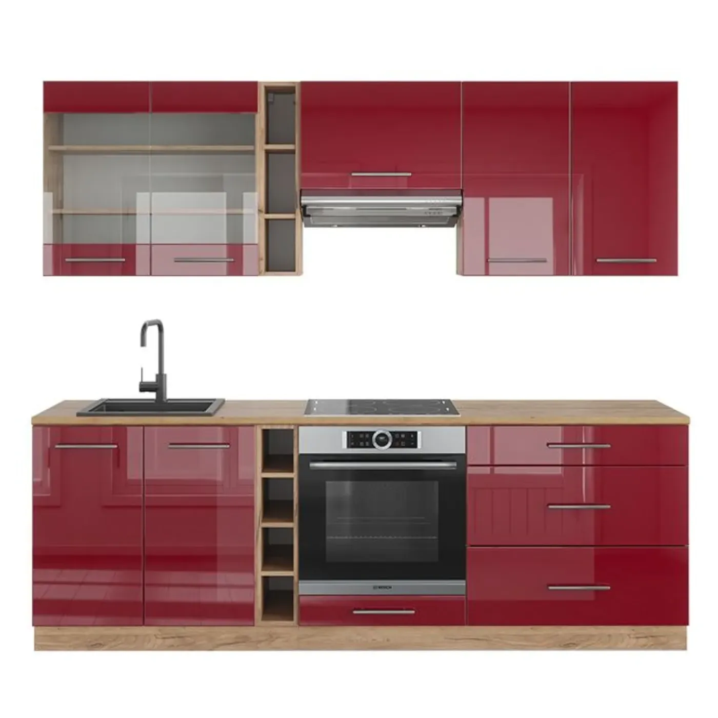 VICCO - Modulaire Complete Keuken - Fame-line - Glanzend Bordeaux Eiken Goudkleurig - 235 Cm
