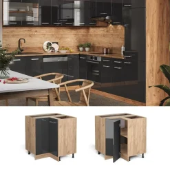 VICCO - R-line Hoekkast - Antraciet Hoogglans - Werkblad Marmer, 75,6x81,6x60 Cm