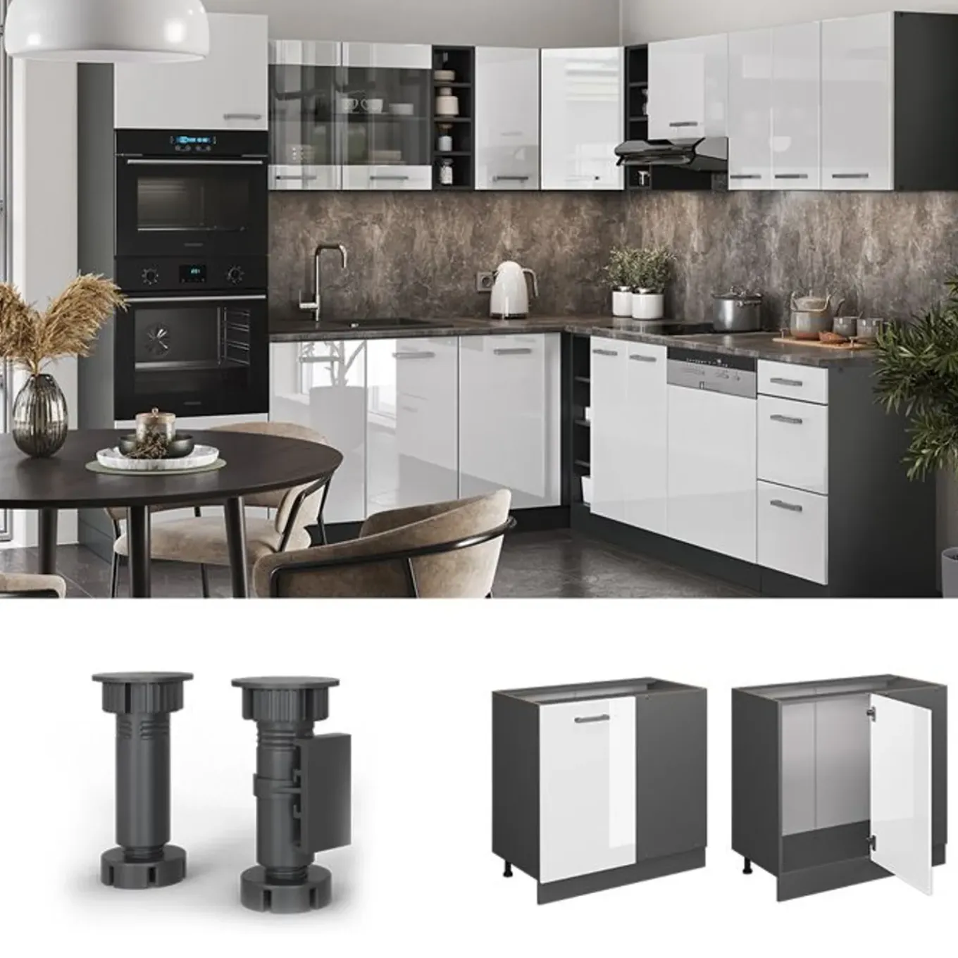 Vicco - R-line Hoekkast - Hoogglans Wit - Werkblad Eiken 86 X 81,6 X 60 Cm