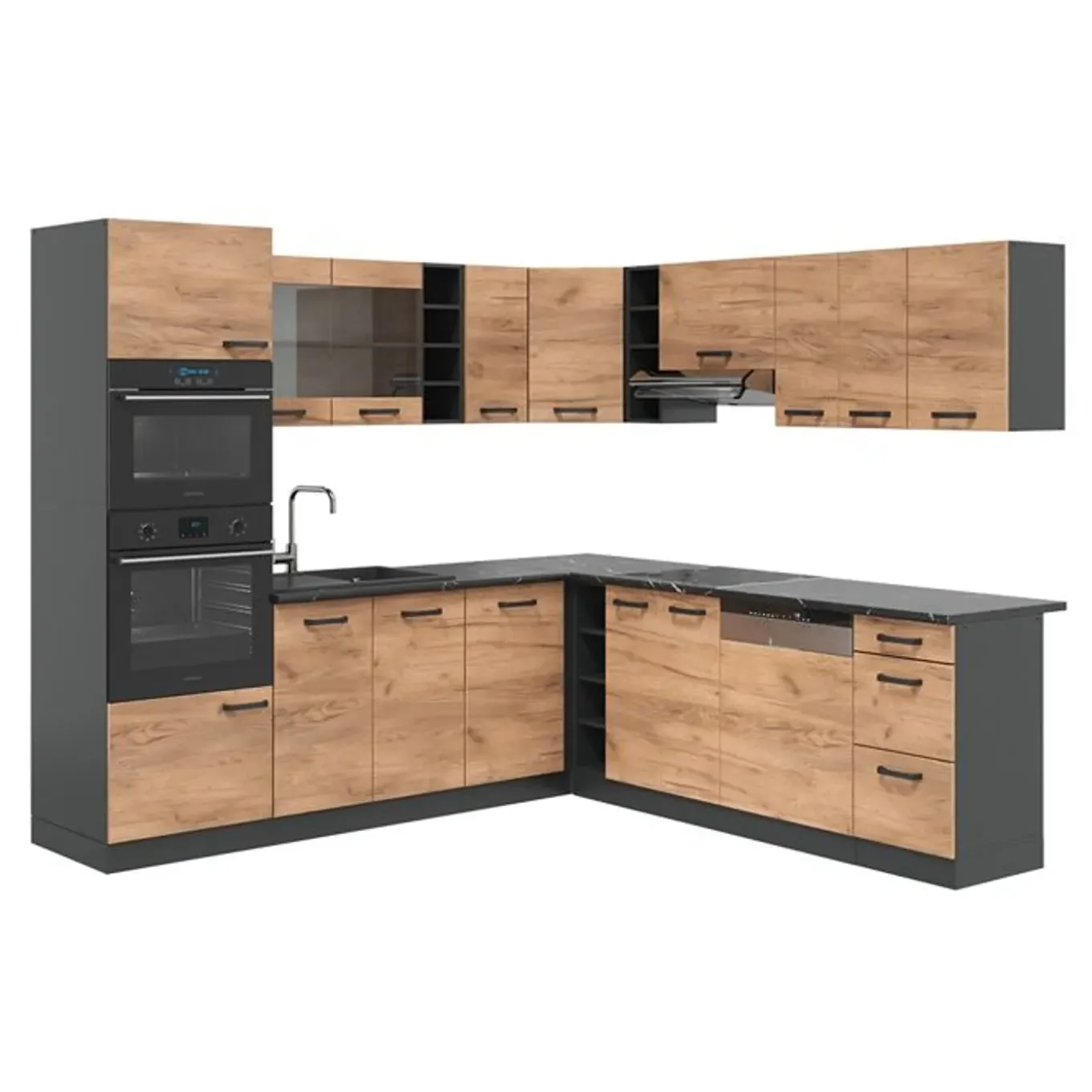 Vicco Rline Hoekkeuken, 237 X 247 Cm, Pt Antraciet, Gouden Eik/antraciet,