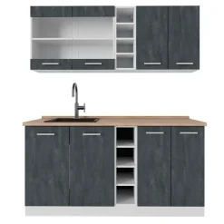 Vicco - R-line Keuken - 160 Cm - Betonzwart/wit - Werkblad Goud Eiken