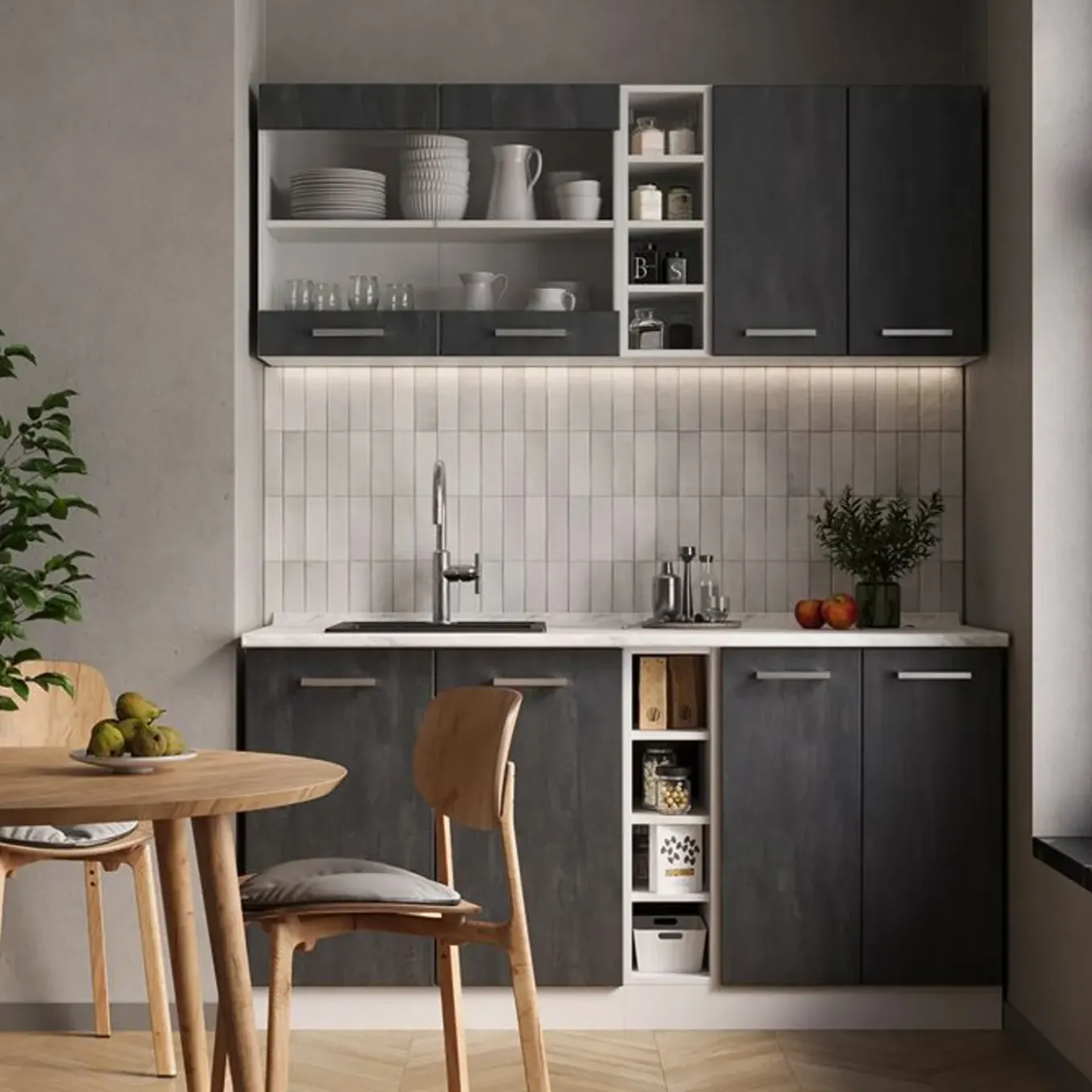 Vicco - R-line Keuken - 160 Cm - Betonzwart/wit - Werkblad Goud Eiken