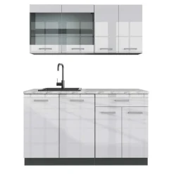 VICCO - R-line Keuken 140 Cm - Hoogglans Wit - Werkblad Wit Marmer