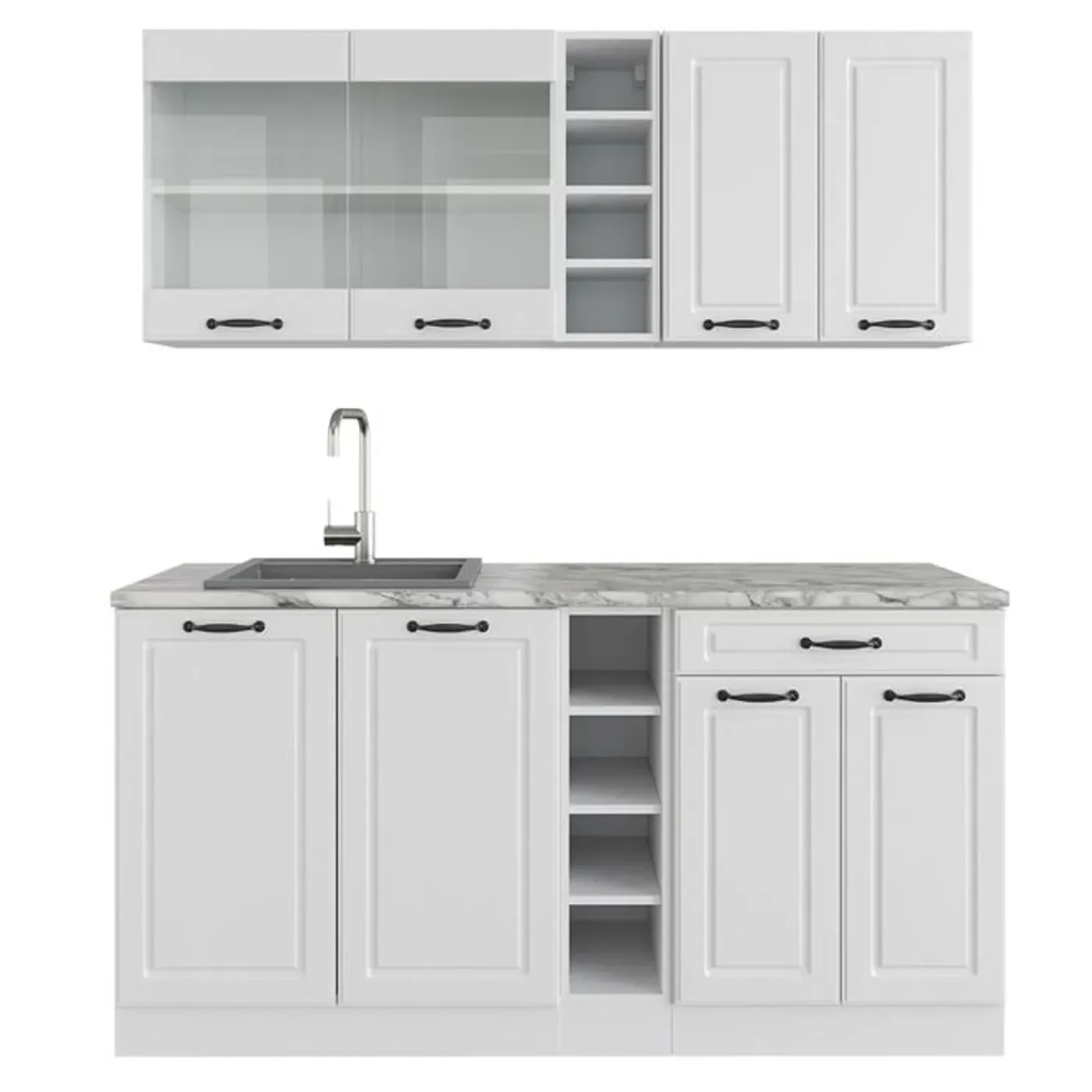 VICCO - R-line Keuken - 160 Cm - Werkblad Marmer, Landelijk Wit/wit