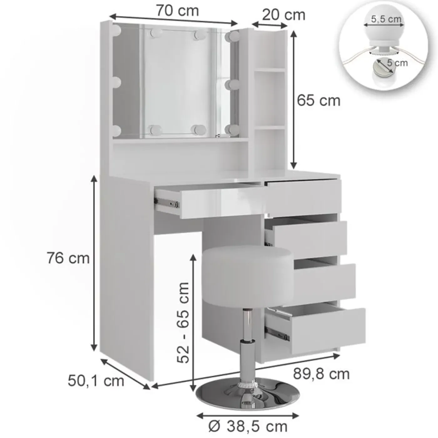 VICCO Sherry 5-delige Make-uptafel Set Met Spiegel En Led 89,8 Cm