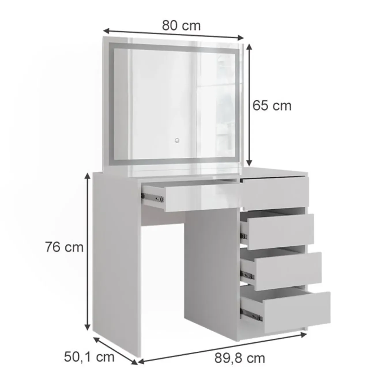 Vicco - Sherry Kaptafel Met Led-spiegel - Wit Hoogglans - 89,8 Cm - 3 Lades