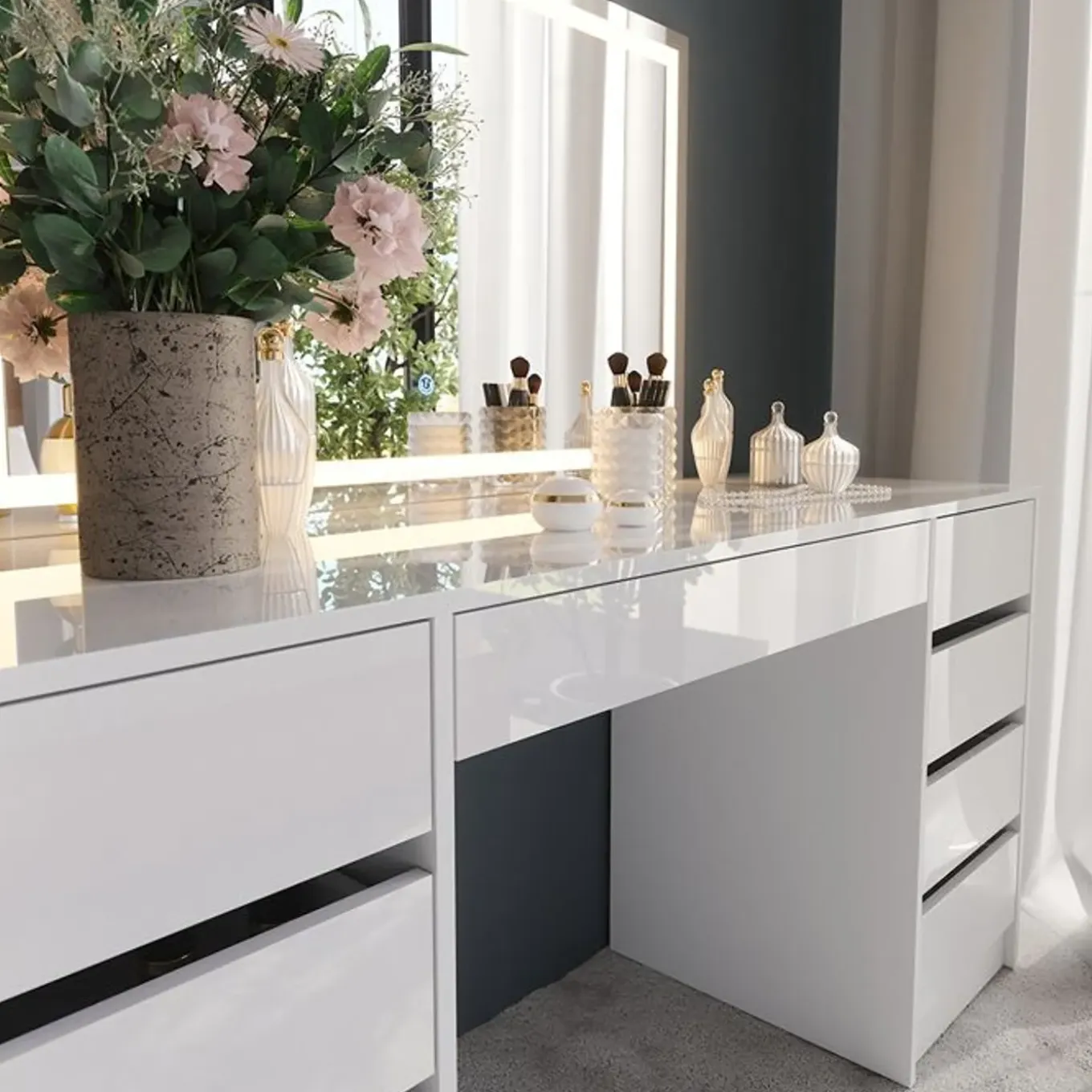 Vicco Sherry - Toilettafel Met Led Spiegel - Wit Hoogglans - 158,2 X 76 X 50,1 Cm