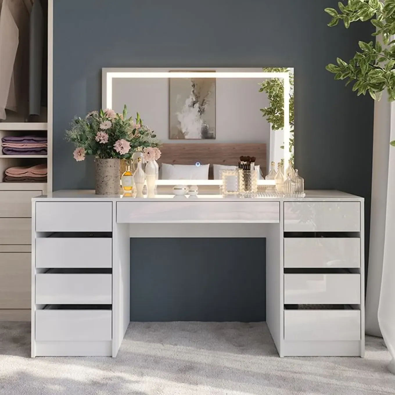 Vicco Sherry - Toilettafel Met Led Spiegel - Wit Hoogglans - 158,2 X 76 X 50,1 Cm