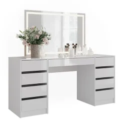 Vicco Sherry - Toilettafel Met Led Spiegel - Wit Hoogglans - 158,2 X 76 X 50,1 Cm