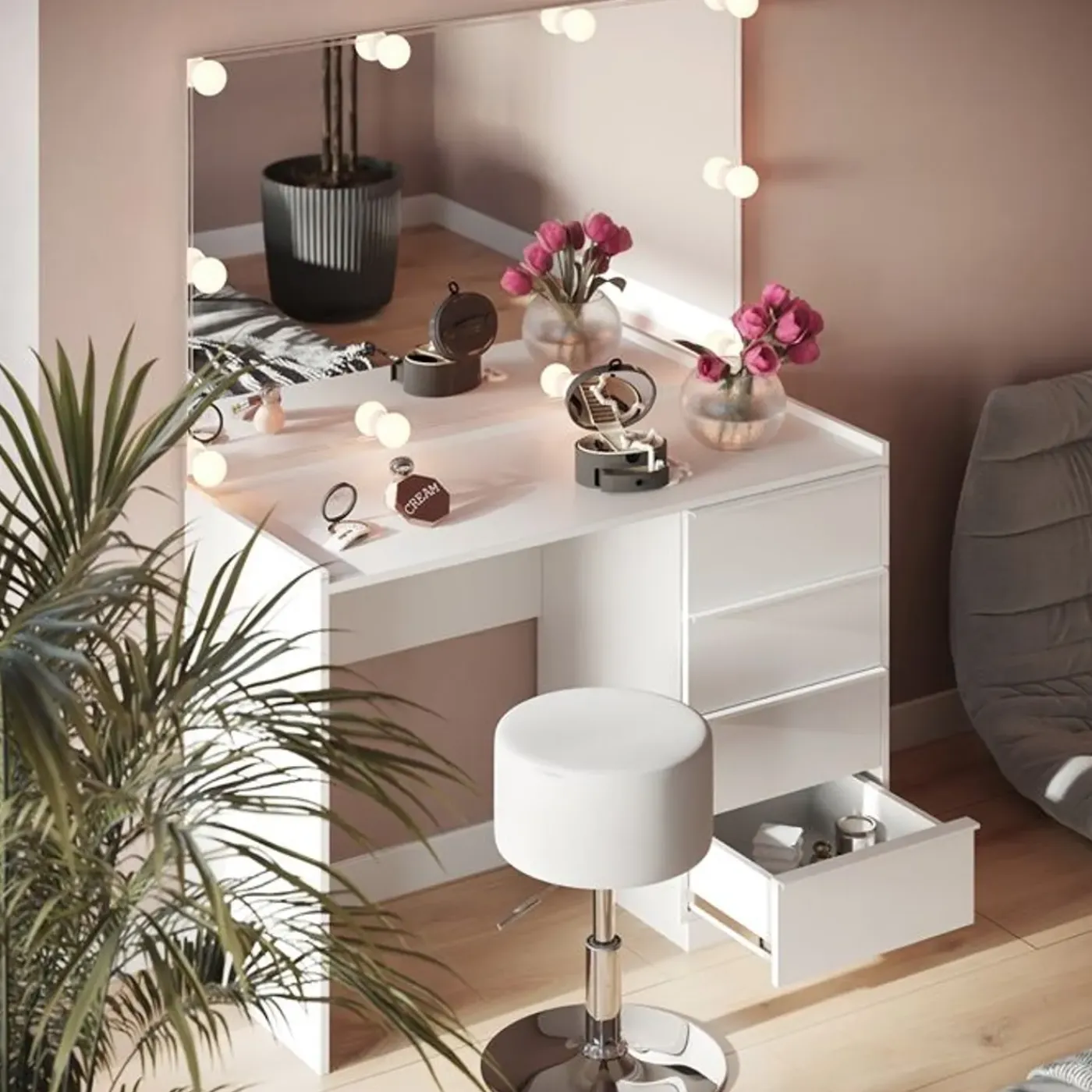 VICCO Viktoria Kaptafelset Wit 110 Cm Met Spiegel, Led En Kruk