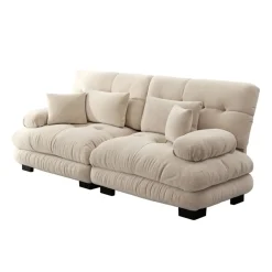 NO BRAND Vintage Chenille Hoekbank Cloud - Lichtbruin - Massief Hout - 220x77x81 Cm