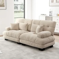 NO BRAND Vintage Chenille Hoekbank Cloud - Lichtbruin - Massief Hout - 220x77x81 Cm