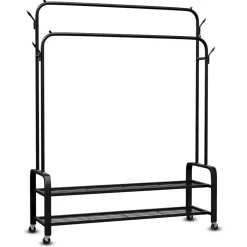 Vonia Kledingrek op wieltjes – Met schoenenrek - dubbel - Garderoberek - 98 x 34 x 159 cm - Zwart