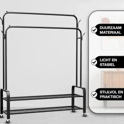 Vonia Kledingrek op wieltjes – Met schoenenrek - dubbel - Garderoberek - 98 x 34 x 159 cm - Zwart