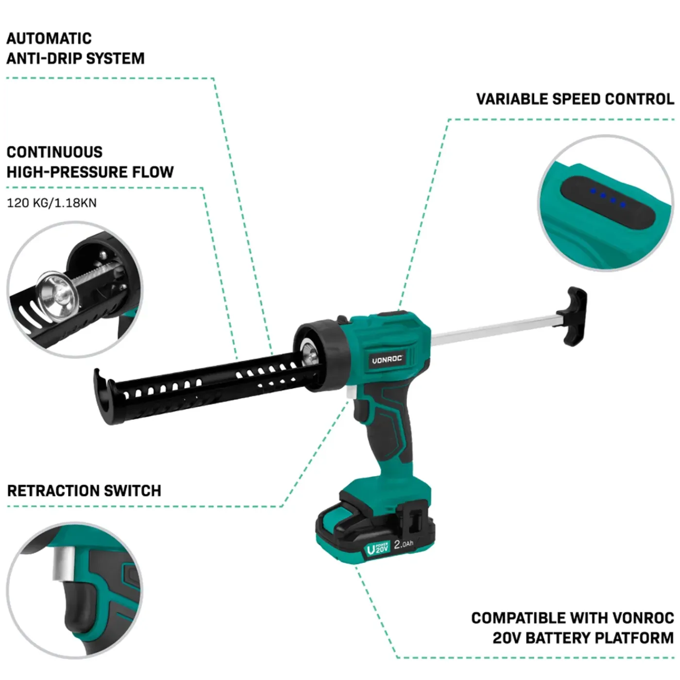 VONROC Accu Kitspuit 20v - Duwkracht 1.18kn/120kg - Anti-drip Systeem - Variabele Snelheidsregeling