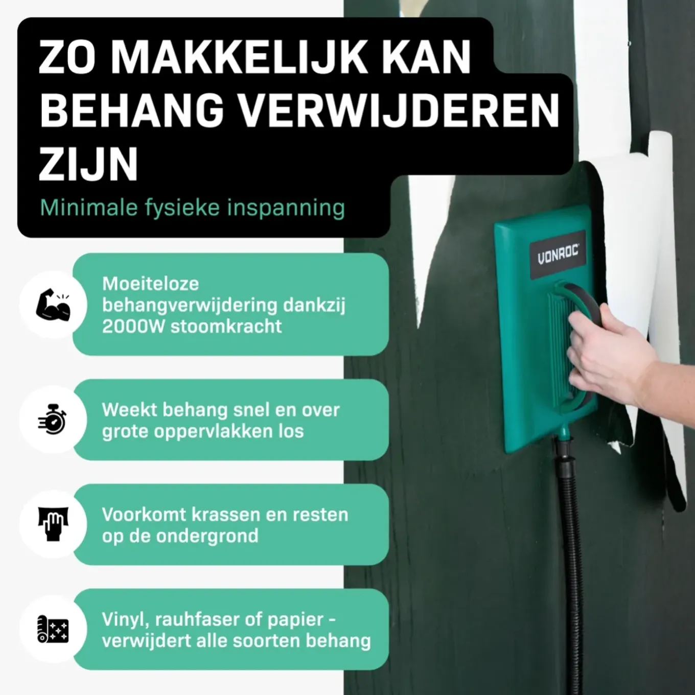 Vonroc Behangafstomer – 2000w – 4.5liter & 3.5m Slang