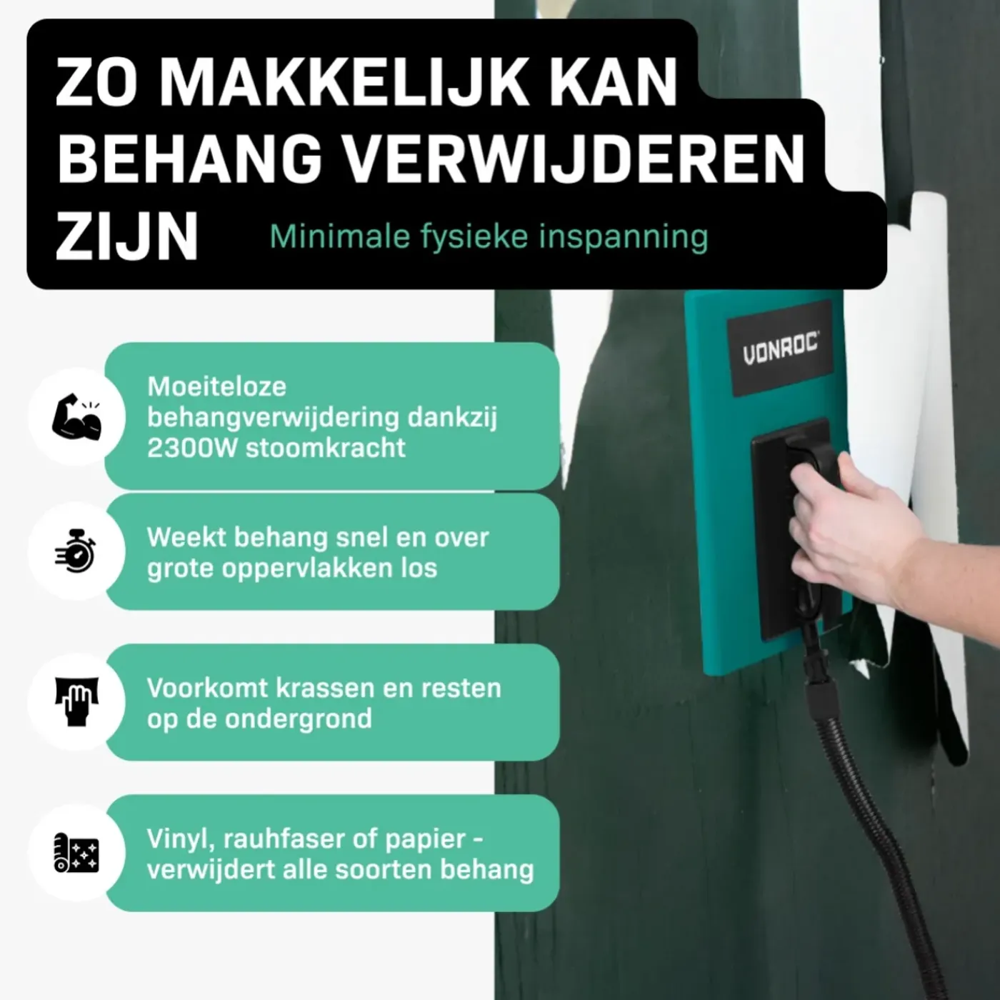 VONROC Behangafstomer 2300w - 4.5l Met 4m Slang | Incl. Krabber
