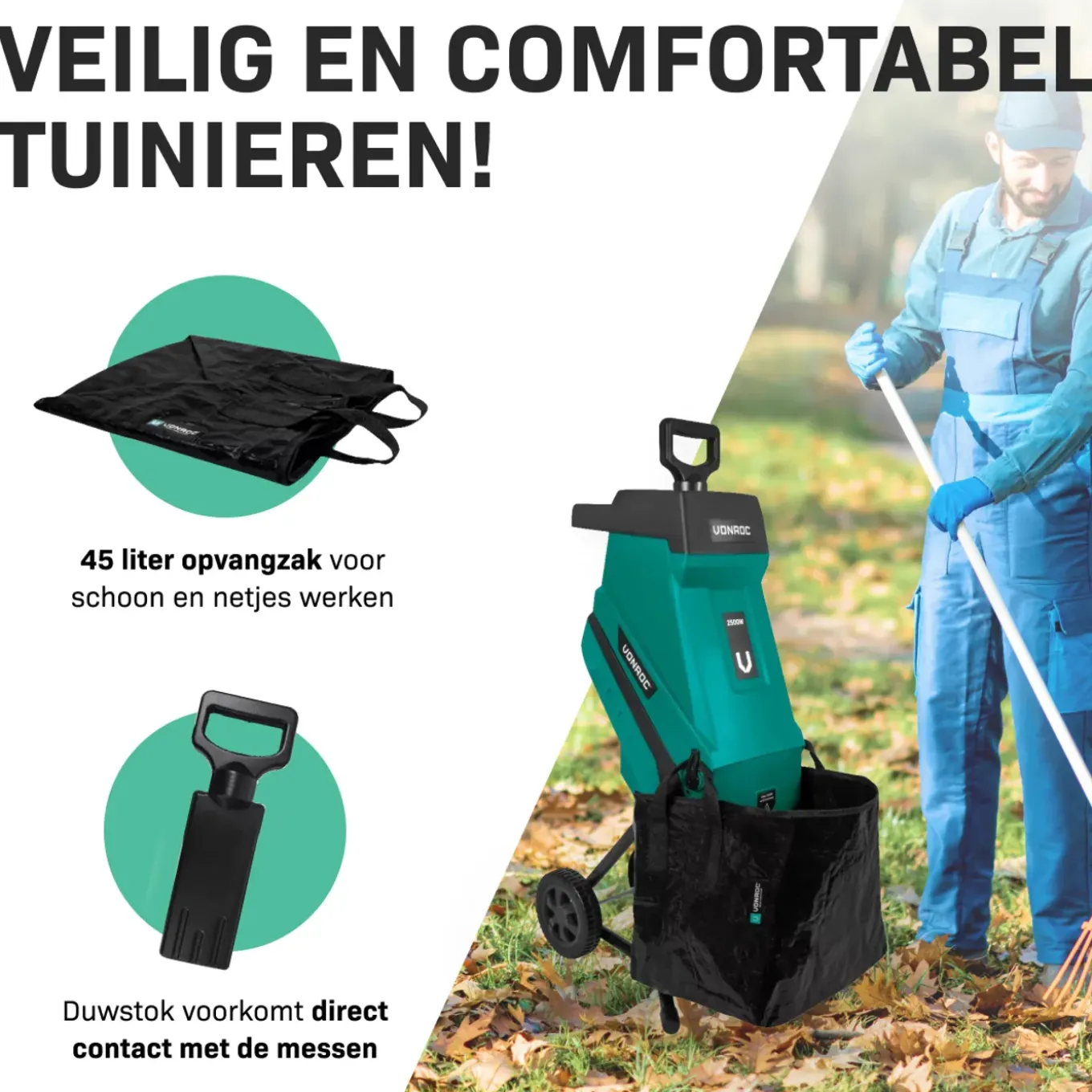 Vonroc Hakselaar/shredder 2500w – Voor Takken Tot Diam.45mm – Incl. 45l Opvangzak & Duwstok