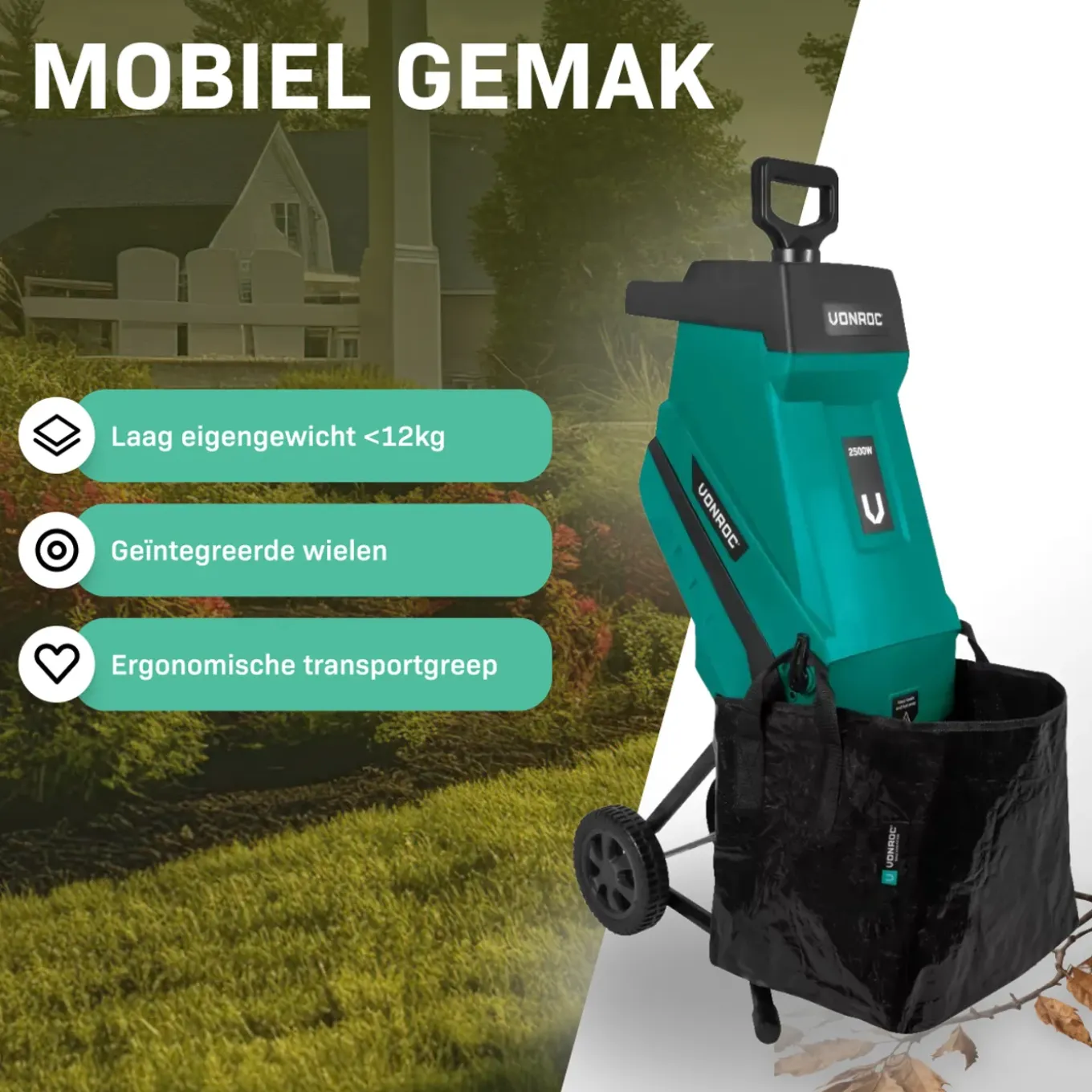 Vonroc Hakselaar/shredder 2500w – Voor Takken Tot Diam.45mm – Incl. 45l Opvangzak & Duwstok