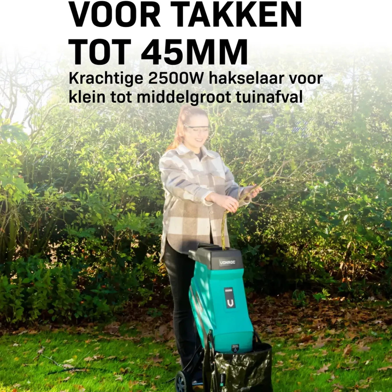 Vonroc Hakselaar/shredder 2500w – Voor Takken Tot Diam.45mm – Incl. 45l Opvangzak & Duwstok