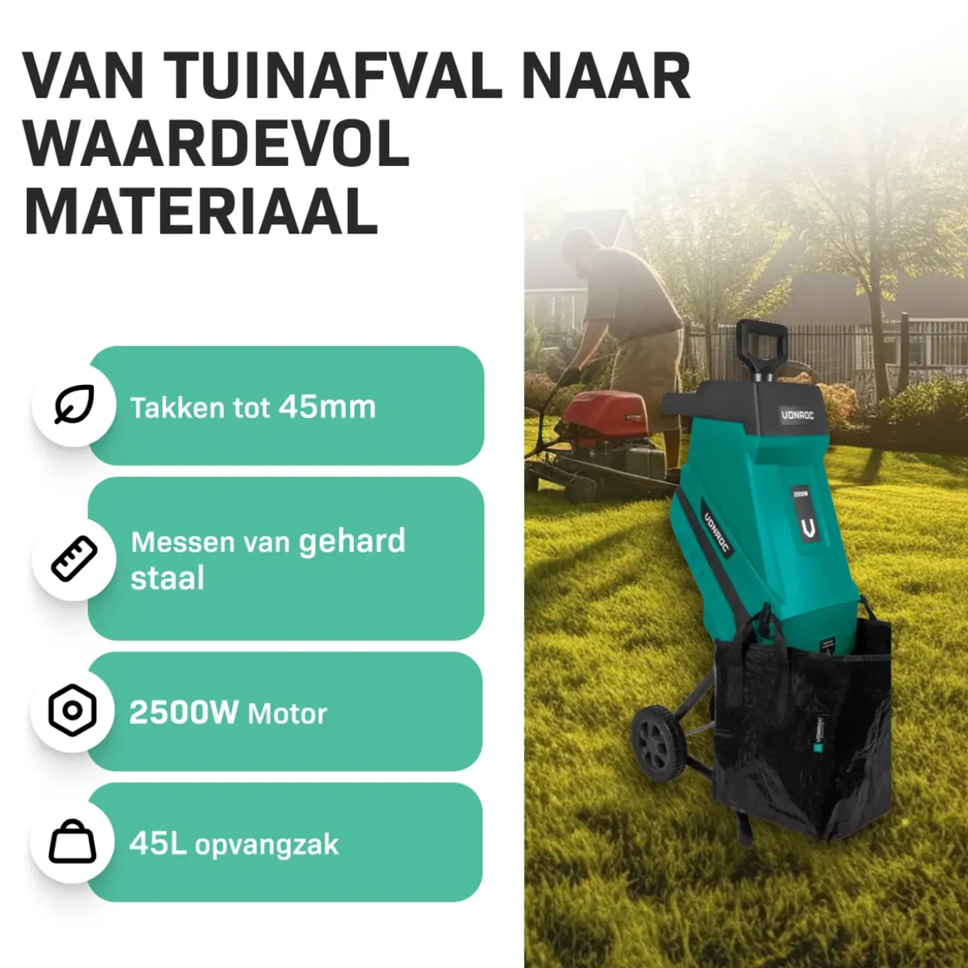 Vonroc Hakselaar/shredder 2500w – Voor Takken Tot Diam.45mm – Incl. 45l Opvangzak & Duwstok