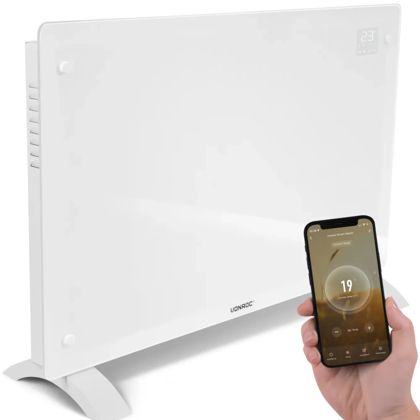 Vonroc Luxe Elektrische Kachel – Convector - Glazen Paneel – 2000w - Wit | Wifi