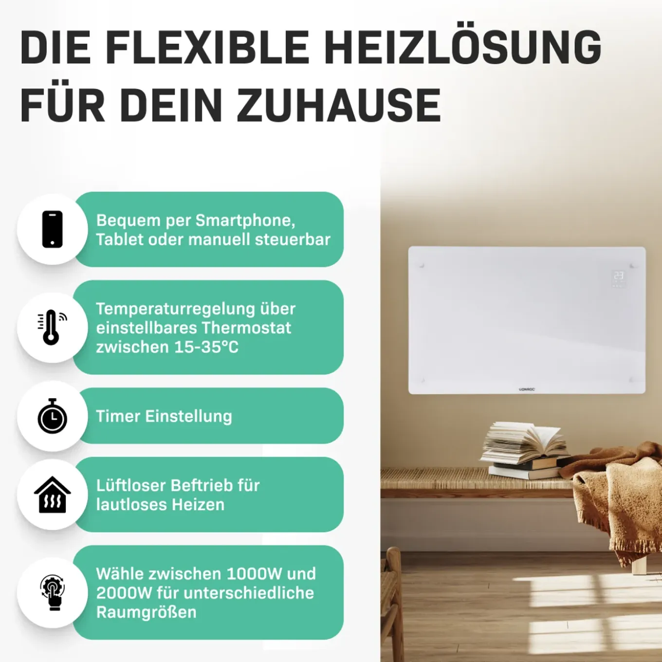 Vonroc Luxe Elektrische Kachel – Convector - Glazen Paneel – 2000w - Wit | Wifi