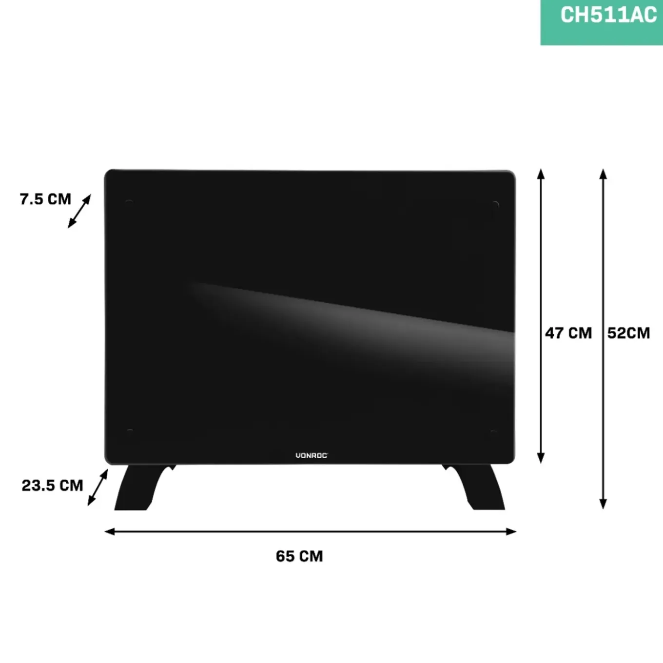 Vonroc Luxe Elektrische Kachel – Convector - Glazen Paneel - 1500w - Zwart | Wifi