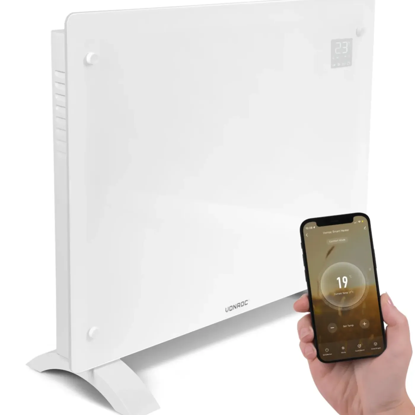 VONROC Luxe Elektrische Kachel – Convector - Glazen Paneel - 1500w - Wit | Wifi