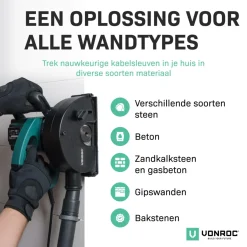 VONROC Muurfrees – Sleufmachine – 1700w – Diam.150mm – Incl. 1 Stuks Diamantschijven & Opbergtas