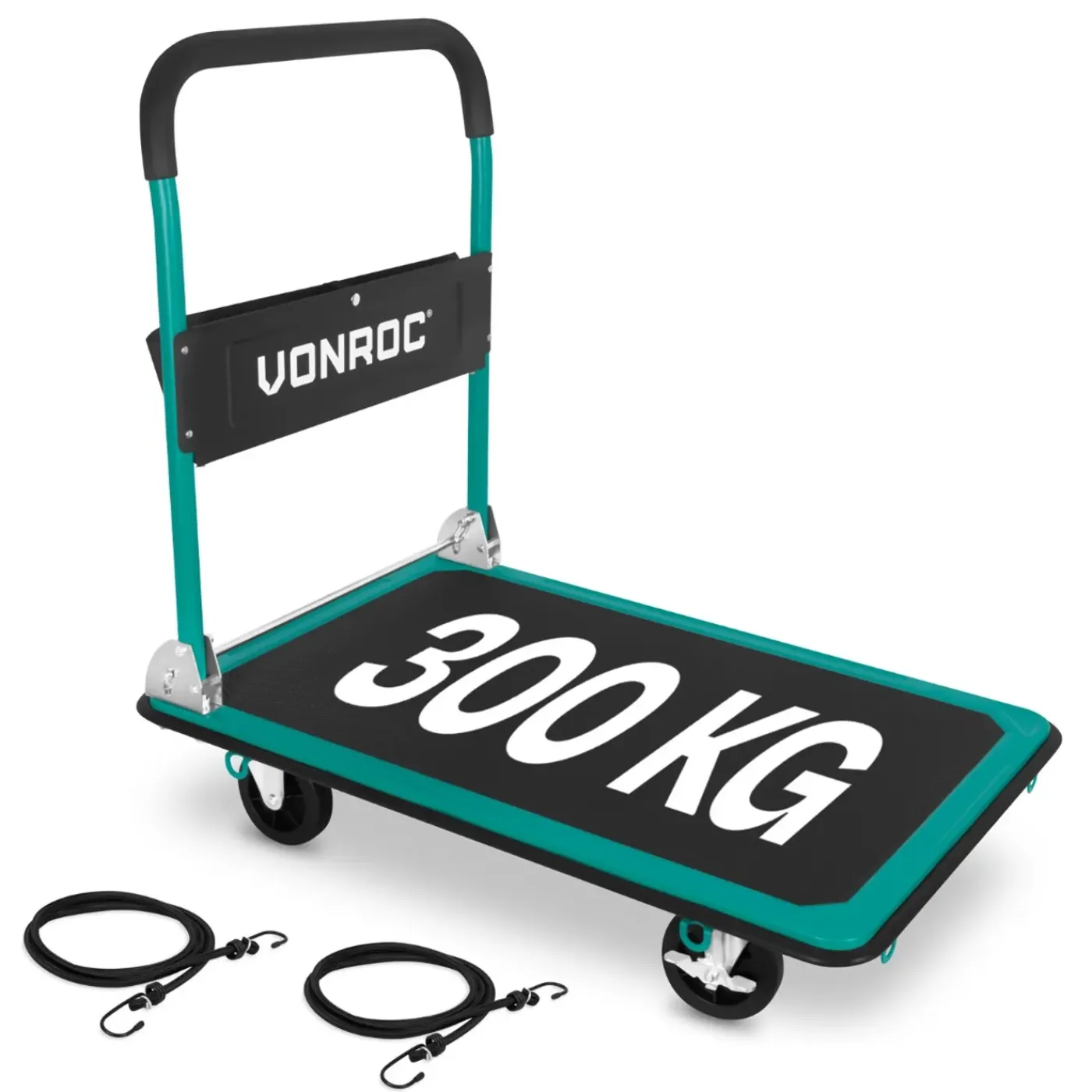 VONROC Plateauwagen Transportkar – 300kg Draagvermogen – 90x60cm – Zwenkwielen – Met Remmen