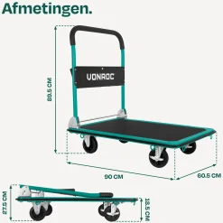 VONROC Plateauwagen Transportkar – 300kg Draagvermogen – 90x60cm – Zwenkwielen – Met Remmen