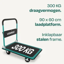 VONROC Plateauwagen Transportkar – 300kg Draagvermogen – 90x60cm – Zwenkwielen – Met Remmen
