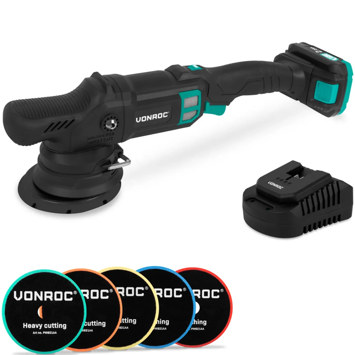 VONROC Pro Excentrische Polijstmachine 20v – 125mm - Incl. 2.0ah Accu, Lader En 5 Polijstschijven