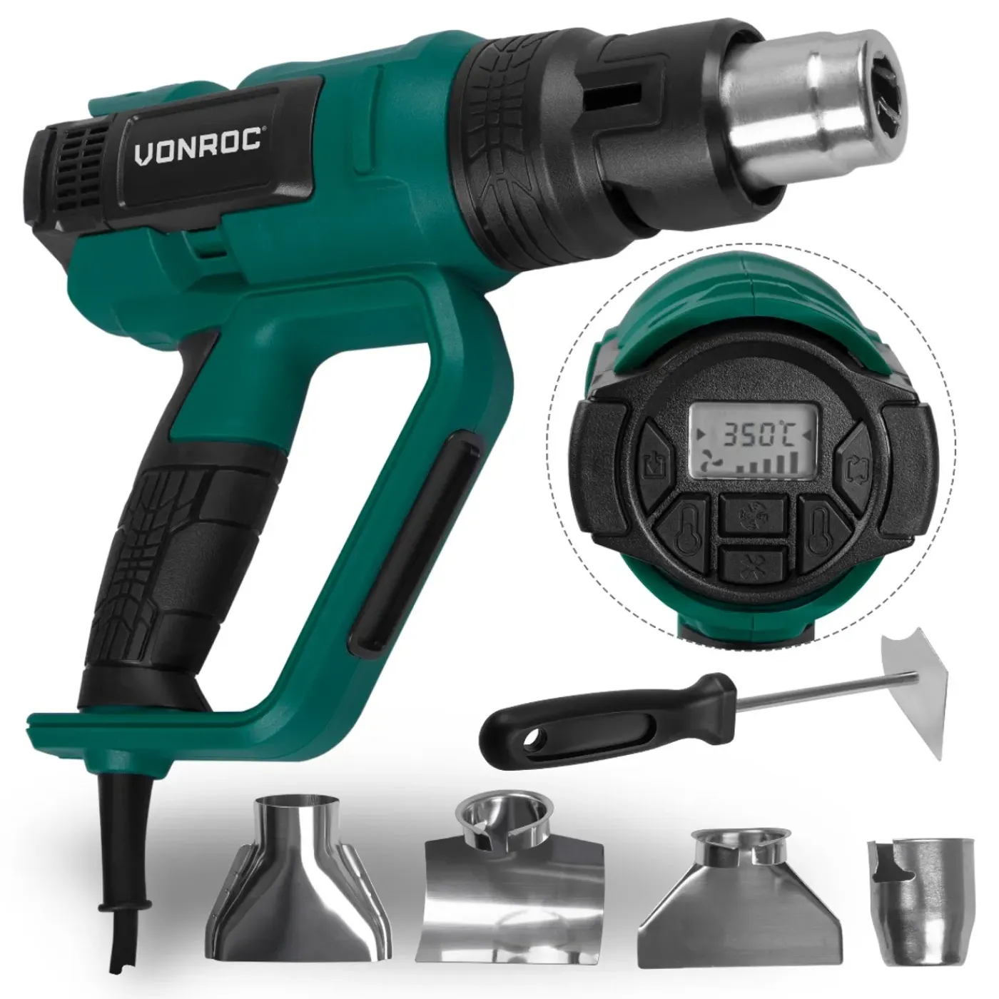 VONROC Pro Heteluchtpistool | 2000w – Lcd Display – 650°c – 500l/min – Incl. Accessoires