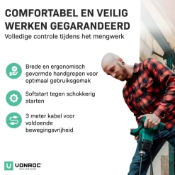 VONROC Verf / Cementmenger – 1200w – Soft Start – 3m Rubberen Kabel – Incl. Roerstaaf 120x600mm