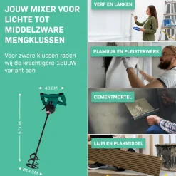 VONROC Verf / Cementmenger – 1200w – Soft Start – 3m Rubberen Kabel – Incl. Roerstaaf 120x600mm