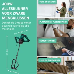 Vonroc Verf / Cementmenger – 1800w – 2 Versnellingen – 3m Rubberen Kabel – Incl. Roerstaaf 140x600mm