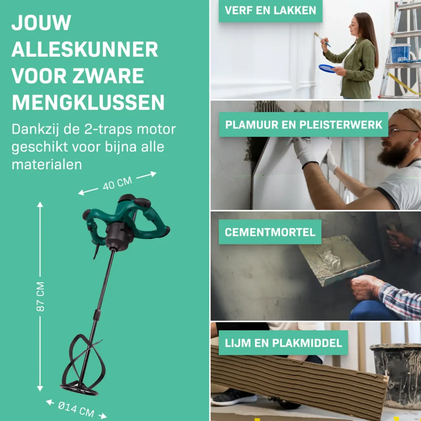 Vonroc Verf / Cementmenger – 1800w – 2 Versnellingen – 3m Rubberen Kabel – Incl. Roerstaaf 140x600mm