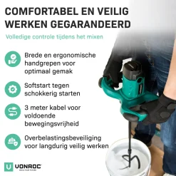 Vonroc Verf / Cementmenger – 1800w – 2 Versnellingen – 3m Rubberen Kabel – Incl. Roerstaaf 140x600mm